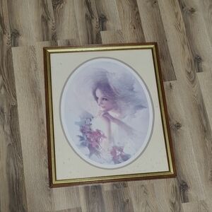 Vintage 23x19 Victorian Romantic Lady Art Print in Original Gold Tone Frame